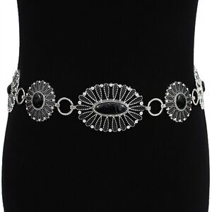 Silver & Black Boho Vintage Western Stone Concho Statement Belt